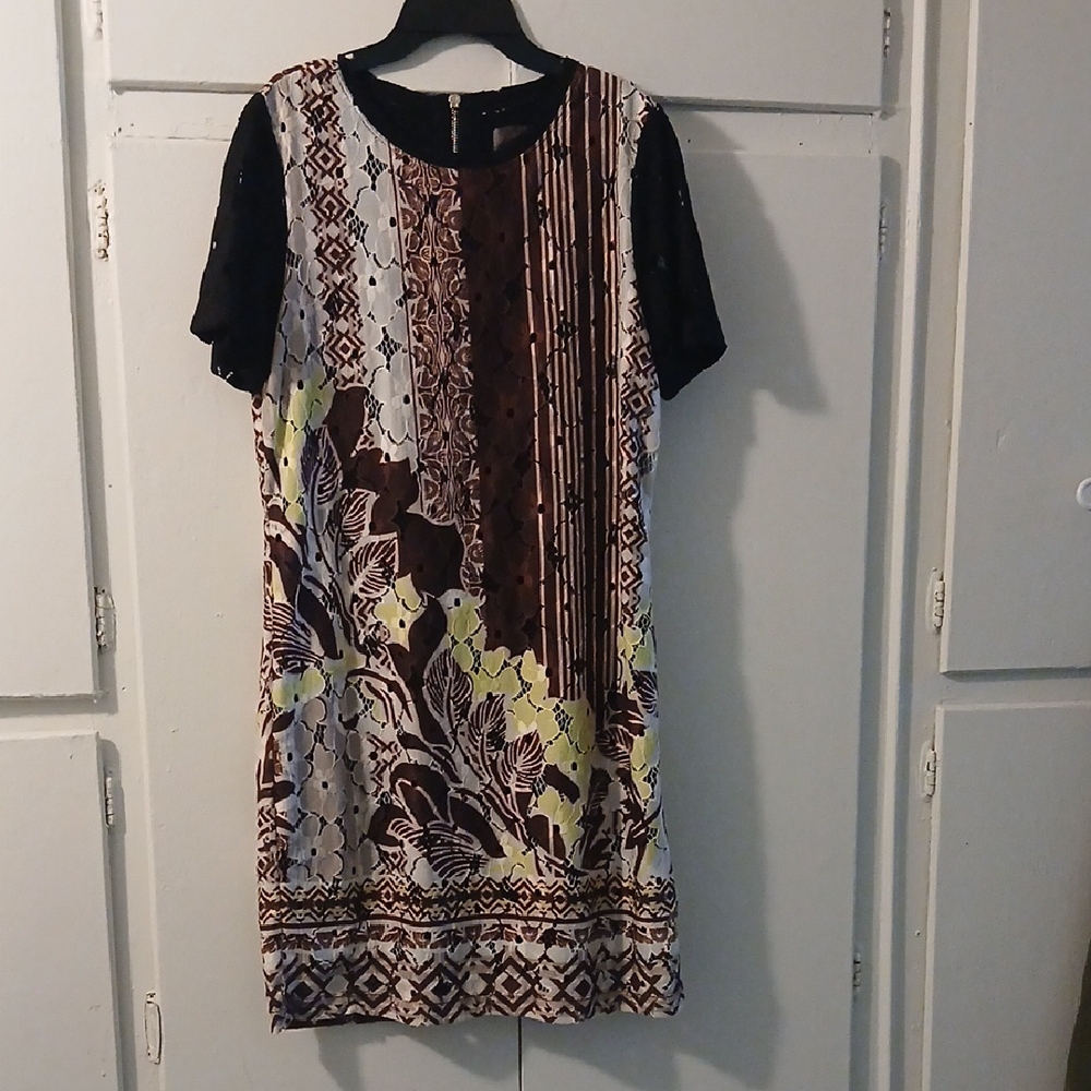 Halle BOB Brown and Tan Sheath Mini Dress with Crew Neck